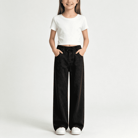 NEBWOAK Black Denim Pants for Girls, Wide Leg Elastic Waist Pull On Jeans,Size 11-12 T