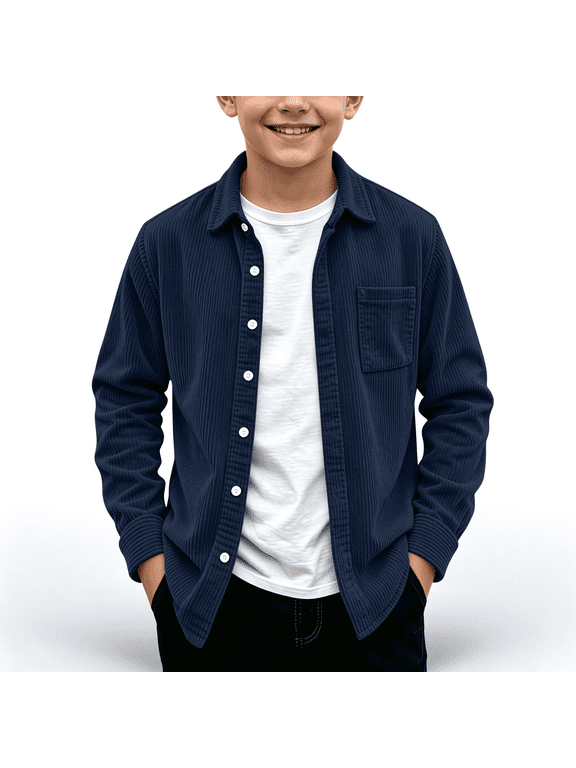 Boys Corduroy Button Down Long Sleeve Shirt Jacket, Casual Solid Color Overshirt Shacket, Navy,Size 10-11T