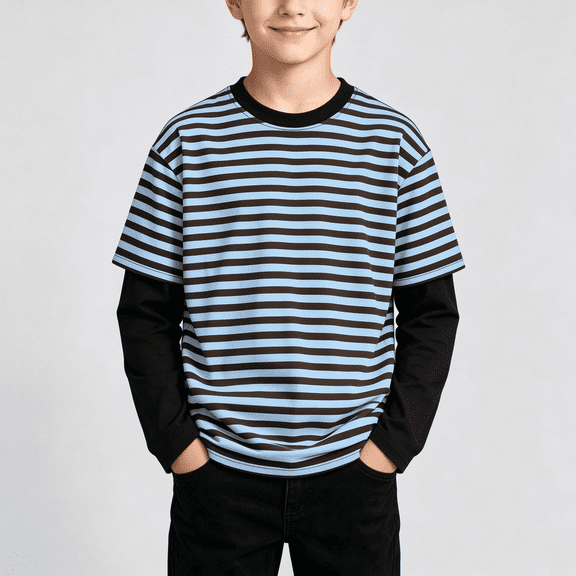 NEBWOAK Boys Fall Striped Long Sleeve T-Shirt, Mock Layered Crew Neck Pullover Top for School,Blue, Size 9