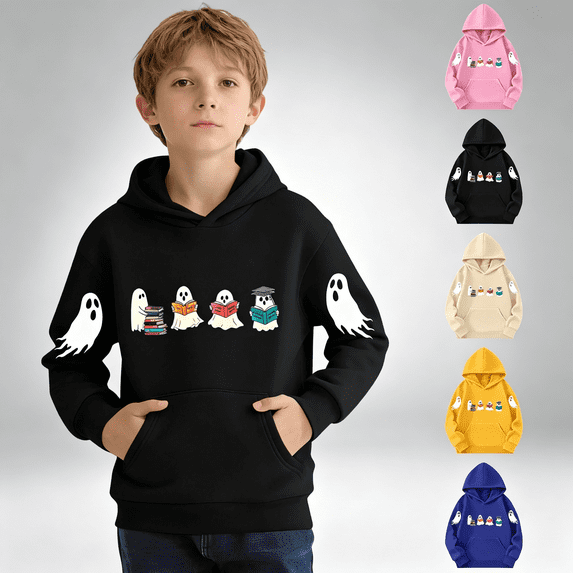 NEBWOAK Boys Girls Ghost Hoodie Halloween Cartoon Reading Book Sweatshirt Black,Size 3-4T