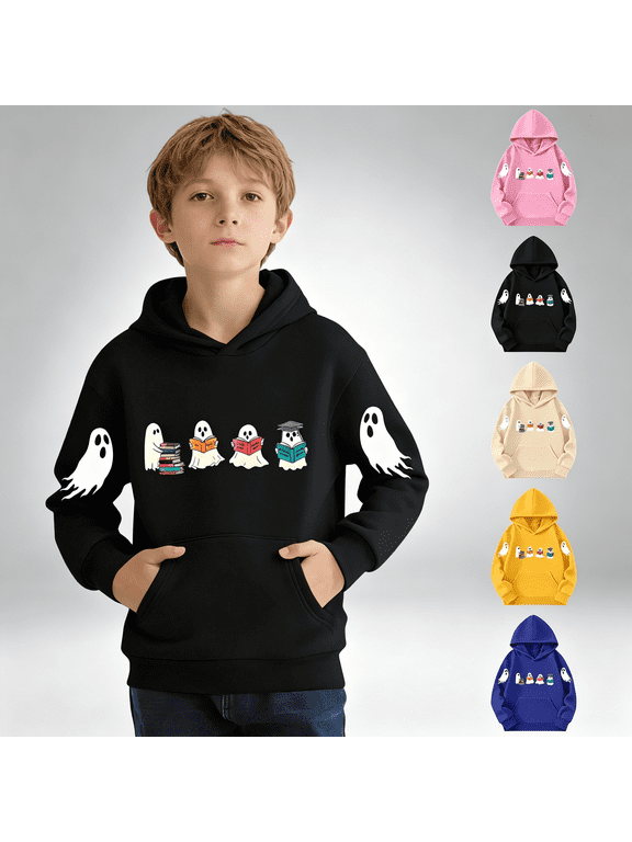 Boys Girls Ghost Hoodie Halloween Reading Pullover Sweatshirt Pink,Size 7-8T