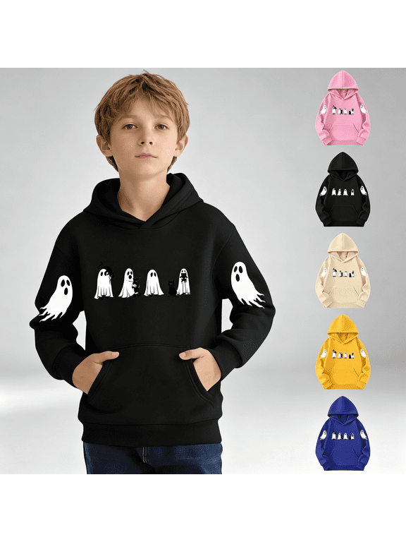 Boys Girls Halloween Ghost Cat Graphic Pullover Hoodie Black,Size 9-10T