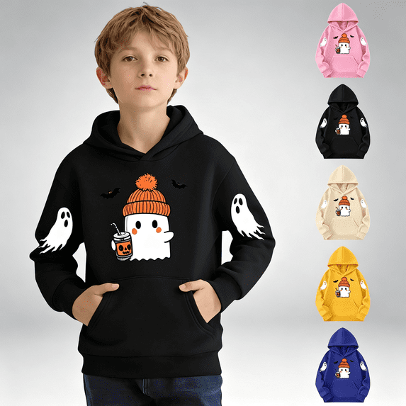 NEBWOAK Boys Girls Halloween Ghost Print Hoodie with Kangaroo Pocket Long Sleeve Fall Outfit Blue,Size 11-12T