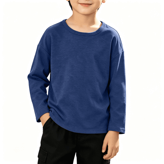 NEBWOAK Boys Girls Long Sleeve Cotton T-Shirt Blue Crewneck Loose Fit Soft Basic Tee,Size 10 T