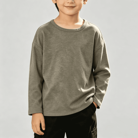 NEBWOAK Boys Girls Long Sleeve T-Shirt 100% Cotton Khaki Crewneck Loose Fit Basic Tee,Size 18 Months