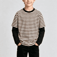 thumbnail image 1 of NEBWOAK Boys Striped Long Sleeve Top, Fake Two-Piece Contrast Sleeve Crewneck Sports Tee for Fall,Khaki, Size 12, 1 of 8