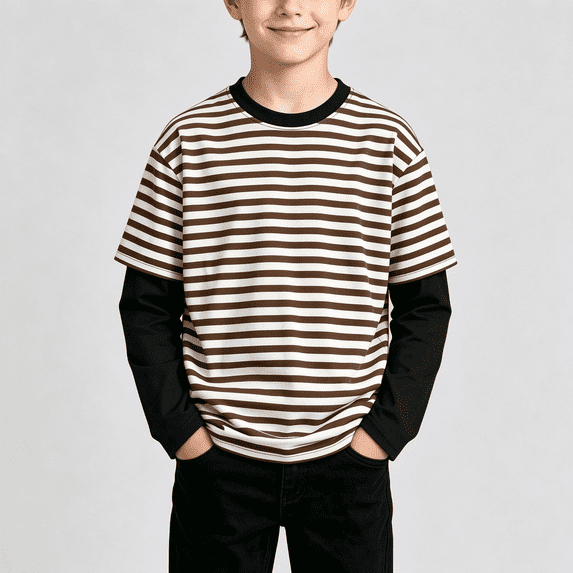 NEBWOAK Boys Striped Long Sleeve Top, Fake Two-Piece Contrast Sleeve Crewneck Sports Tee for Fall,Khaki, Size 12