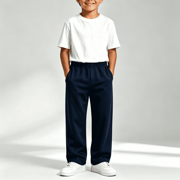 NEBWOAK Boys Sweatpants Loose Fit Straight Leg Open Bottom with Side Pockets Elastic Waist Navy,Size 11-12T