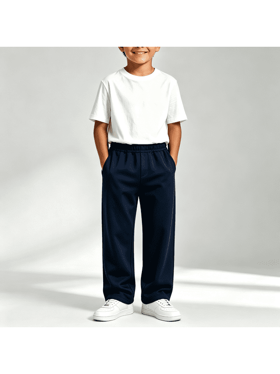 Boys Sweatpants Loose Fit Straight Leg Open Bottom with Side Pockets Elastic Waist Navy,Size 7-8T