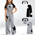 thumbnail image 1 of NEBWOAK Girls 2 Piece Outfit,Star Print Ruched Short Sleeve Shirt Baggy Wide Leg Pants,Gray,Size 9-10Y, 1 of 7