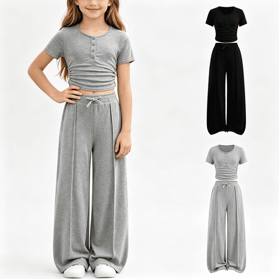 NEBWOAK Girls Back to School 2 Piece Outfit Set,Casual Short Sleeve Top Drawstring Wide Leg Pants Gray,Size 7-8