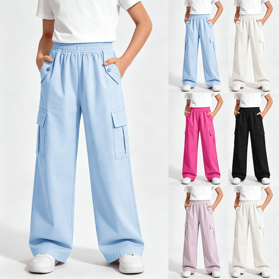 NEBWOAK Girls Cargo Pants, Kids Wide Leg Pull-On with Pockets,Blue, Size 5-6Y