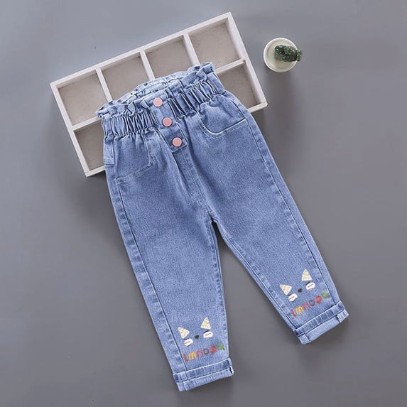 NEBWOAK Toddler Girls Embroidered Cat Jeans - Pull-on Paperbag Waist Denim Pants with Elastic Waistband, Light Blue,Size 2 T