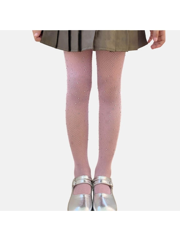 Girls Rhinestone Fishnet Tights Pink Sparkly Shimmer Stretchy Dance Performance,Size 5-15 T