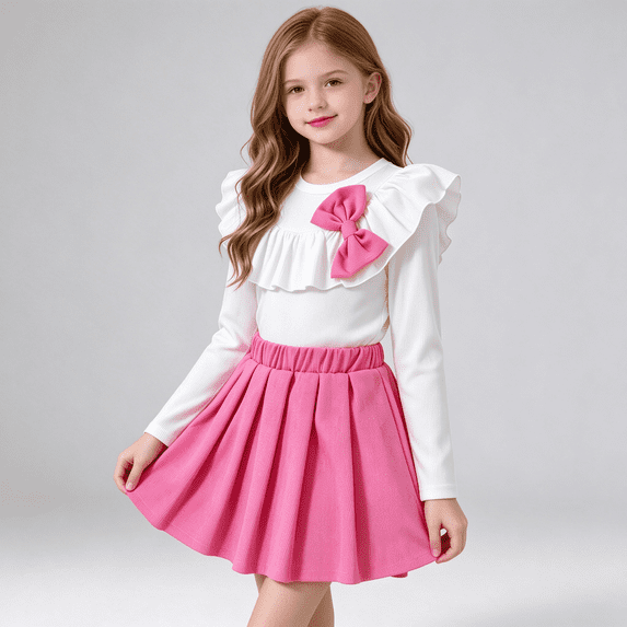 NEBWOAK Girls Ruffle Bow Shirt and Pleated Skirt Set, Cotton Long Sleeve Top, Elastic Waist A-Line Skirt,Size 7-8