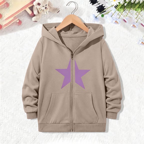 NEBWOAK Girls Zip Up Hoodie Khaki Oversized Hooded Sweatshirt Lightweight Long Sleeve Star Print Pockets,Size 13-14 T