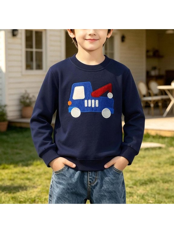 Kids Boys Cotton Crewneck Pullover Sweatshirt with Tow Truck Embroidery, Long Sleeve Navy Top for Kids 2-7 Years,Size 4-5 T