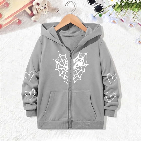 NEBWOAK Kids Girls Gray Zip Up Hoodie Graphic Heart Spider Web Full Zip Long Sleeve Pocket,Size 11-12 T