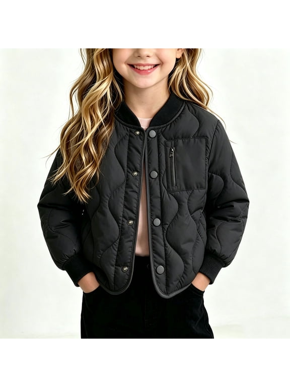 Kids and Little Girls Quilted Bomber Jacket Black Lightweight Snap Button,Size 5-6 T