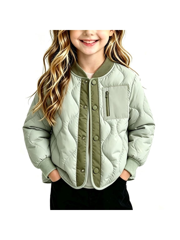 Kids and Little Girls Quilted Bomber Jacket Mint Green Lightweight Snap Button Fall Jacket,Size 2-3T