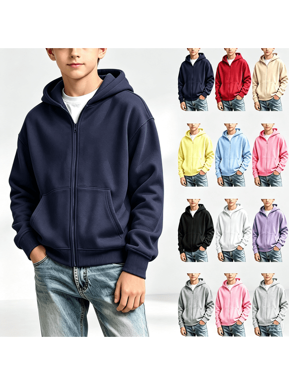 Full Zip Hoodie for Boys Girls, Black Lightweight Hooded Sweatshirt Jacket, Size 8-9 T