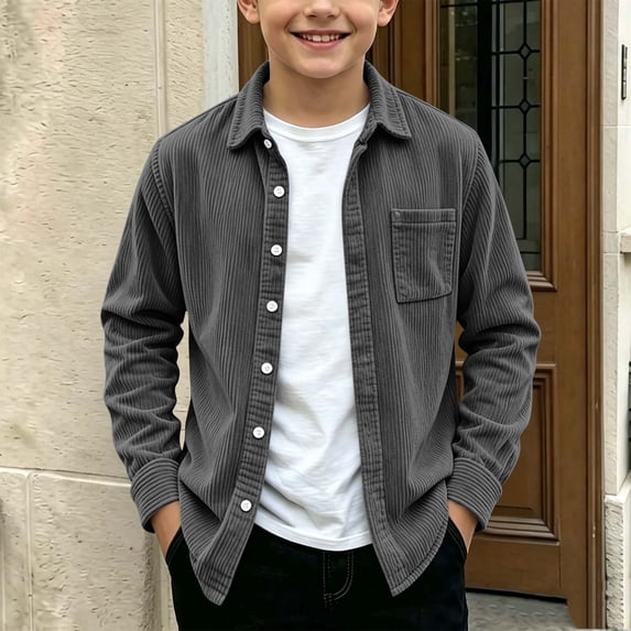 NEBWOAK Little Boys Corduroy Button Down Shirt, Long Sleeve Casual Overshirt Jacket Shacket, Dark Gray,Size 5-6 T