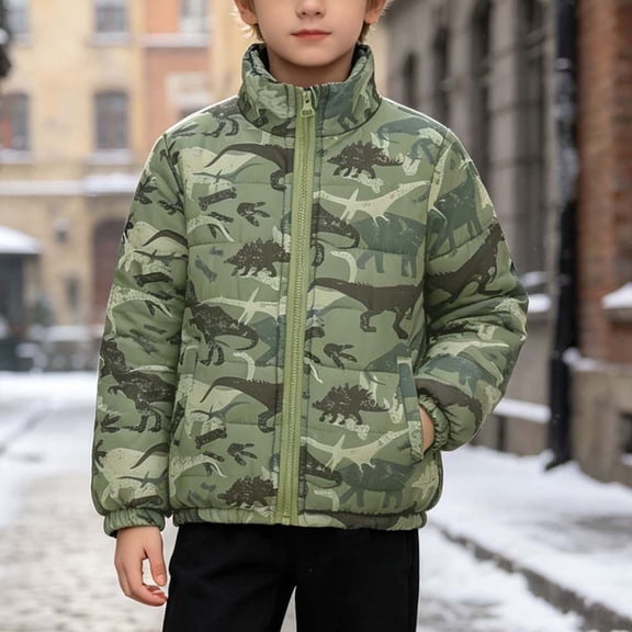 NEBWOAK Little Boys Dinosaur Print Lightweight Puffer Jacket Army Green Zip Up Winter Coat,Size 6-7 T