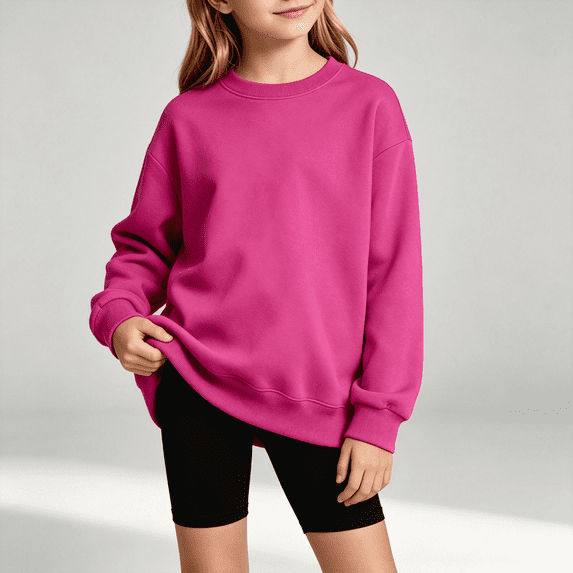 NEBWOAK Little Girls Crewneck Sweatshirt Oversized Loose Fit Cotton Pullover School Hot Pink,Size 6-7 T