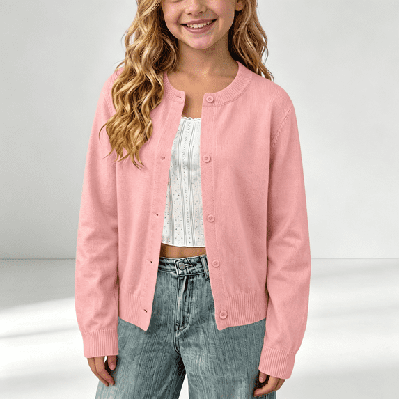 NEBWOAK Little Girls Long Sleeve Cardigan Sweater Versatile Layering Cotton Button Front,Pink,Size 6-7
