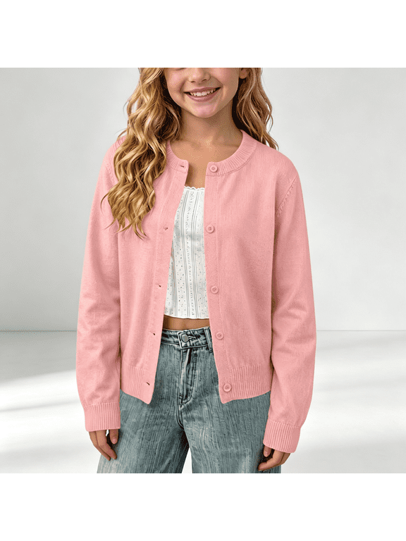 Little Girls Long Sleeve Cardigan Sweater Versatile Layering Cotton Button Front,Pink,Size 6-7