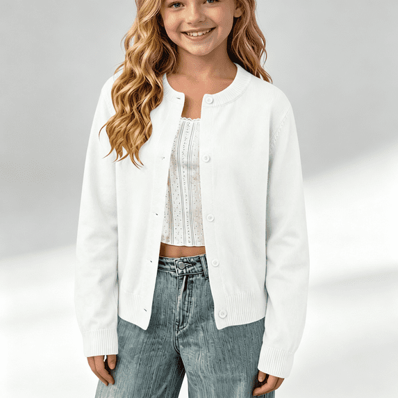 NEBWOAK Little Girls Long Sleeve Cardigan Sweater Versatile Layering Cotton Button Front,White,Size 6-7