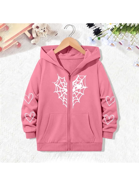 Little Girls Pink Zip Up Hoodie Heart Spider Web Graphic Full Zip Long Sleeve Kangaroo Pocket,Size 5-6 T