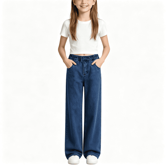 NEBWOAK Little Girls Wide Leg Baggy Jeans Elastic Waist Pull On Denim Pants Casual School Everyday Blue,Size 5-6 T