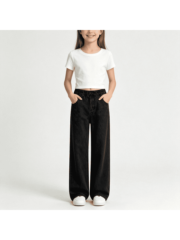 Little Girls Wide Leg Jeans Elastic Waist Pull On Denim Pants Black,Size 5-6 T