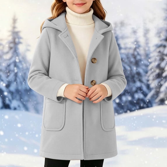 NEBWOAK Little Girls Wool Blend Peacoat Hooded Mid-Length Winter Coat Button Front Side Pockets Gray Classic Warm,Size 6-7T