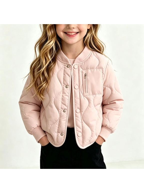 Little Girls and Kids Quilted Bomber Jacket Pink Lightweight Snap Button Fall,Size 1-2T