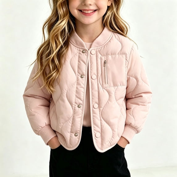 NEBWOAK Little Girls and Kids Quilted Bomber Jacket Pink Lightweight Snap Button Fall,Size 5-6 T