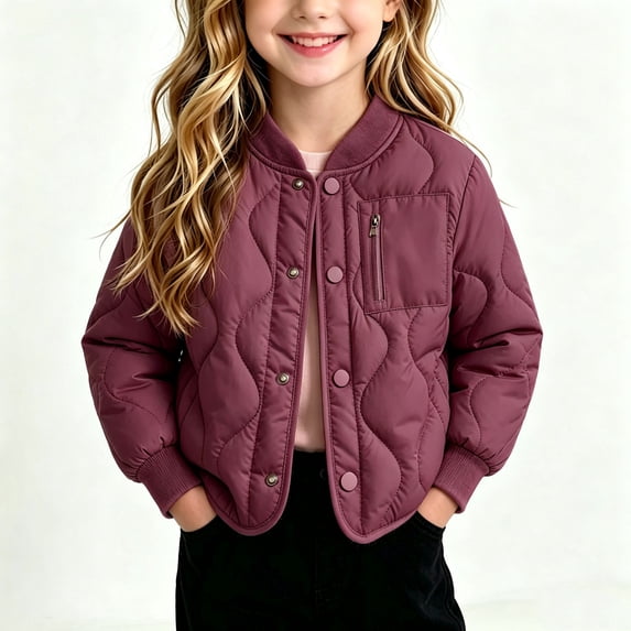 NEBWOAK Little Girls and Kids Quilted Bomber Jacket Wine Red Lightweight Snap Button Wind Resistant,Size 7-8 T