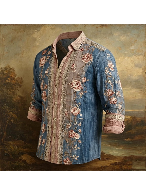 Mens Embroidered Floral Button Down Shirt Vintage Boho Western Long Sleeve Multicolor,Size M