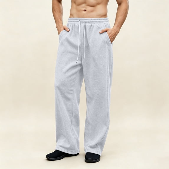 NEBWOAK Mens Fleece Sweatpants Relaxed Fit Straight Leg Open Bottom with Pockets White,Size 2XL