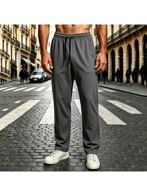 Mens Stretch Straight Leg Casual Pants with Elastic Drawstring Waist, Lightweight Comfort Fit, Gray,Size 2XL
