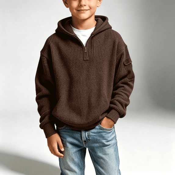 NEBWOAK Teen Boys Waffle Knit Half Zip Hoodie, Casual Pullover Sweatshirt with Arm Pocket, Brown,Size 13-14T