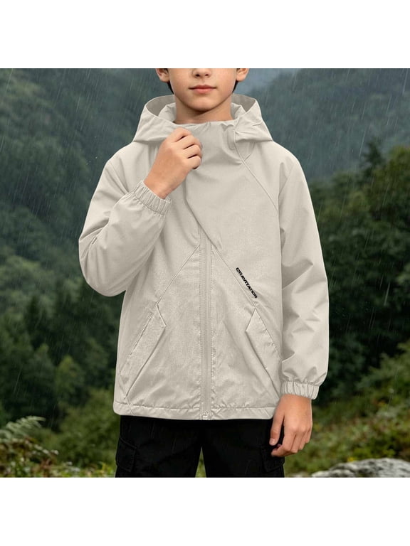 Toddler Boys Lightweight Hooded Windbreaker Jacket, Water-Resistant, Beige, for Spring & Fall,Size 3-4 T