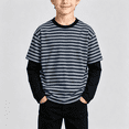 thumbnail image 1 of NEBWOAK Toddler Boys Striped Long Sleeve Shirt, Fake Two-Piece Crewneck Casual Base Layer Tee,Navy,Size 1, 1 of 8