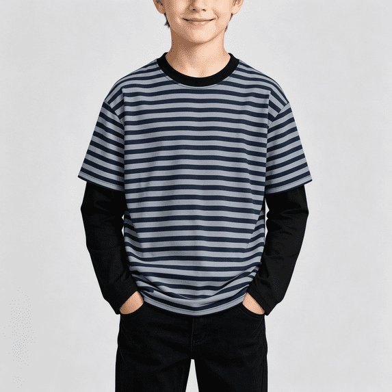NEBWOAK Toddler Boys Striped Long Sleeve Shirt, Fake Two-Piece Crewneck Casual Base Layer Tee,Navy,Size 1