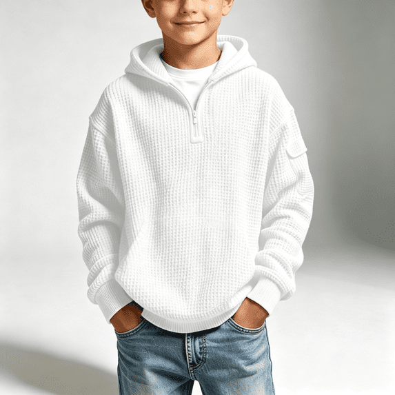 NEBWOAK Toddler Boys Waffle Knit Half Zip Hoodie, Soft Pullover Sweatshirt with Hood,White,Size 3-4T