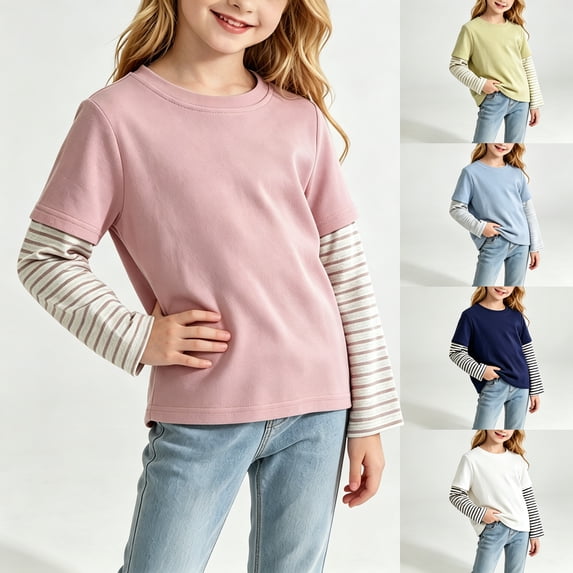 NEBWOAK Toddler Girls Crewneck Pullover Shirt, Spliced Striped Long Sleeve Cotton Top, Pink,Size 3-4T