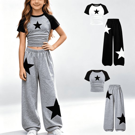 NEBWOAK Tween Girls 2 Piece Clothes Set, Short Sleeve Crop Top Elastic Waist Wide Leg Pants,Gray,Size 12-13Y