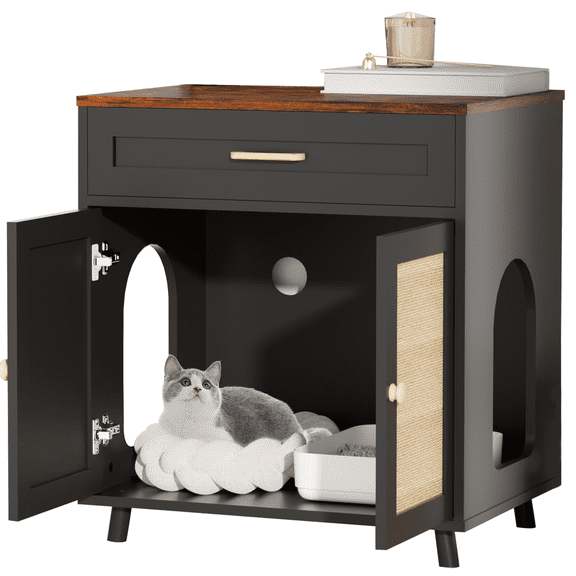 NEBZHASK Cat Litter Box Enclosure, Hidden Litter Box Furniture with Drawer, Wooden Cat Washroom with Sisal Scratching Doors & Reversible Entrance