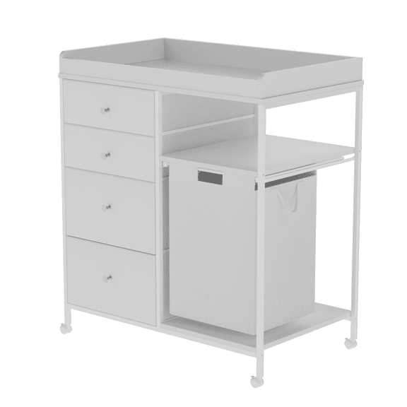 NEBZHASK Changing Table Dresser, Baby Dresser with 4 Drawers & Laundry Hamper, Mobile Diaper Changing Station with Wheels, Anti-Tipping, White